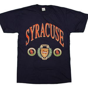 Vtg SYRACUSE University 80&#39;s sleeves single stitch blue t-shirt by Velva Sheen, made in USA, sz men&#39;s Large