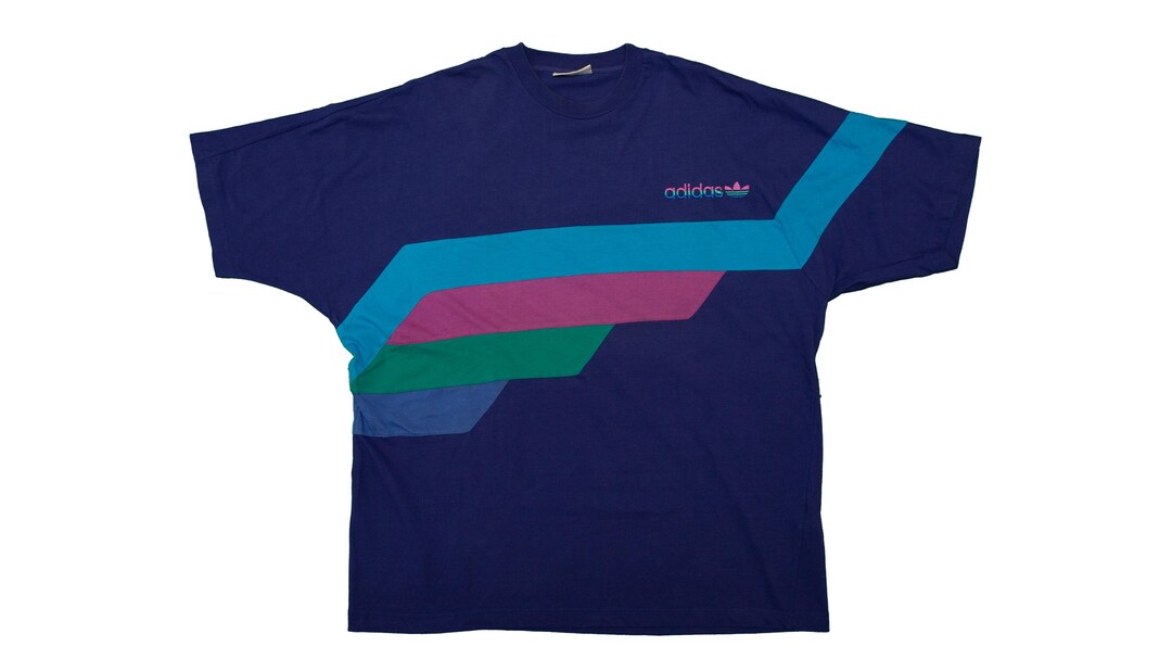 【希少】Lサイズ80s-90s デサント製 adidasベースボールシャツ風 Vtg ADIDAS Essential 90's Blue T-shirt With Color Blocking, Made