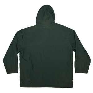 May include: Dark green hooded jacket with long sleeves. The jacket has a full front zipper and a hood. The material appears to be a lightweight, water-resistant fabric. The jacket is shown from the back.