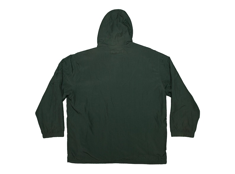 May include: Dark green hooded jacket with long sleeves. The jacket has a full front zipper and a hood. The material appears to be a lightweight, water-resistant fabric. The jacket is shown from the back.