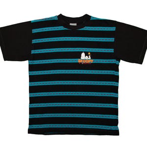 Vtg and rare SNOOPY & Woodstock black-blue striped t-shirt, from comic Peanuts, sz fit men&#39;s Medium
