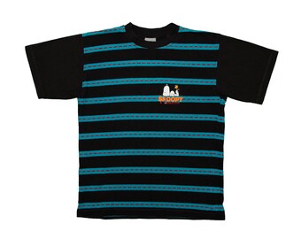 VTG et rare SNOOPY & Woodstock t-shirt rayé noir-bleu, de la bande dessinée Peanuts, taille moyenne pour hommes