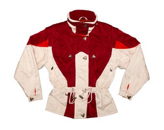 Vtg SPYDER white-red women's warm ski jacket with removable sleeves, made in Hong Kong, has no hood, sz women's Medium