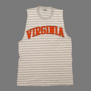 Vtg VIRGINIA University NCAA sleeveless by Wellington Apparel - sleeves cut off - grey-white striped t-shirt, made in USA, sz men&#39;s Large