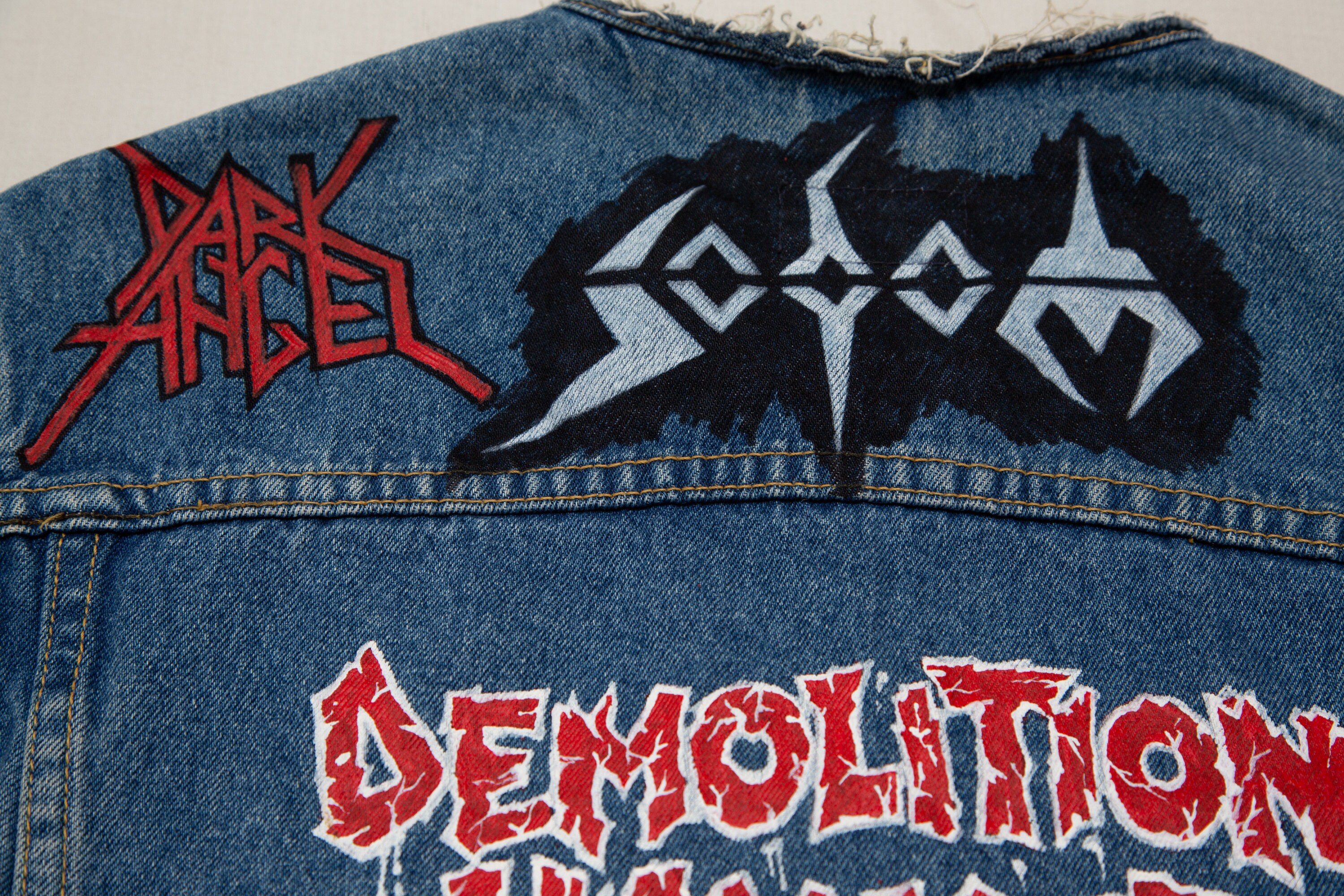 Vtg 80/90's Rare Trash Metal Music Denim Vest With Hand Painted