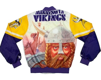 Vtg & rare Minnesota VIKINGS Chalk Line NFL football big print white-purple bomber style jacket, snap closure, made in USA, sz men's Small