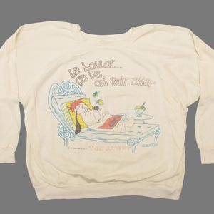 Vtg & muy raro DROOPY 1970 Tex Avery "Le boulot ... Ça va, on fait aller" sudadera con capucha blanca de dibujos animados, ajuste sz hombre Pequeño