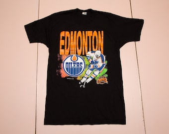 Vtg & very rare Edmonton Oilers 1990 CGW NHL Clarence Campbell Conference single stitch black t-shirt, made in Canada, sz men's Large