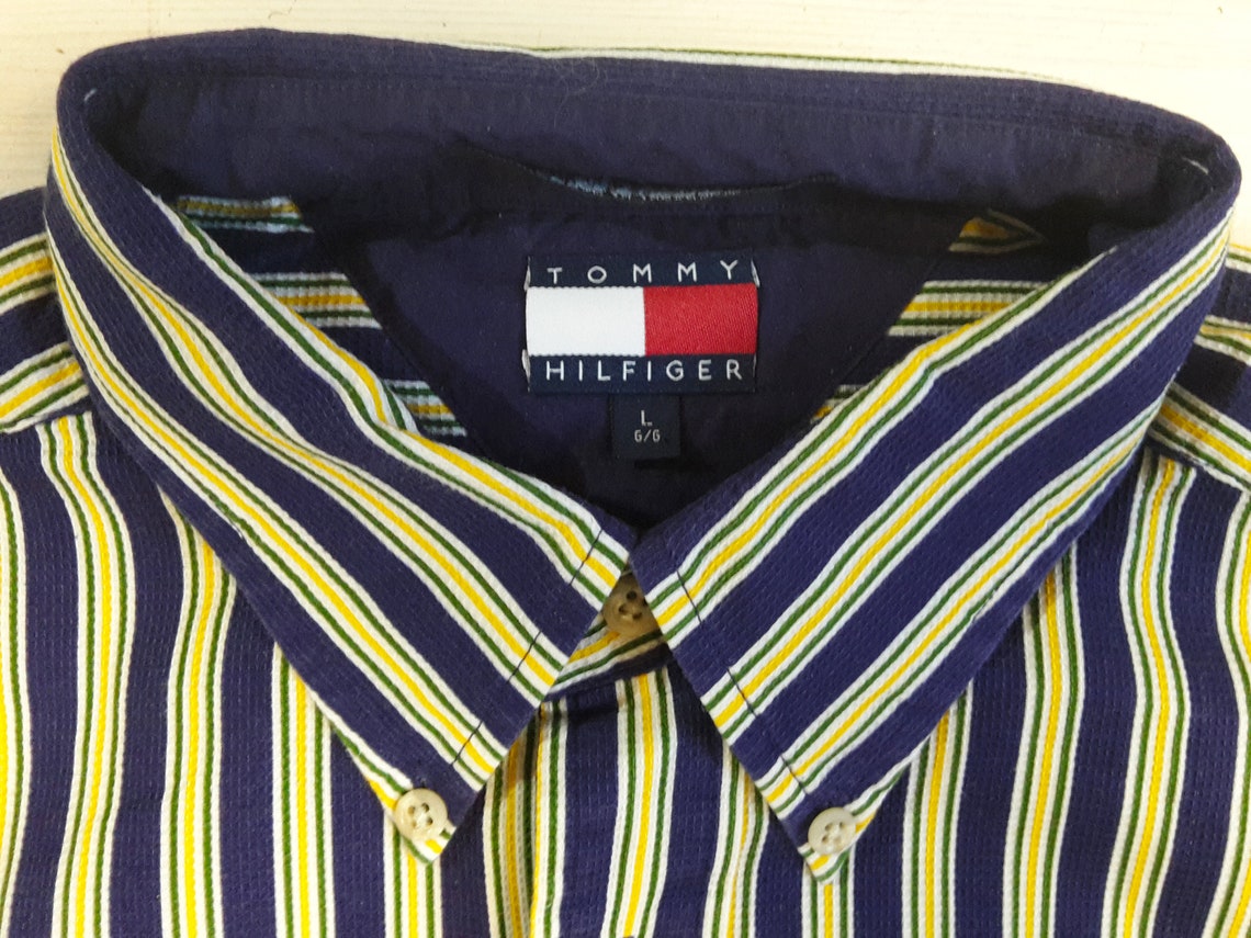 Vtg TOMMY HILFIGER Short Sleeves Striped Button Down Shirt Hilfiger ...