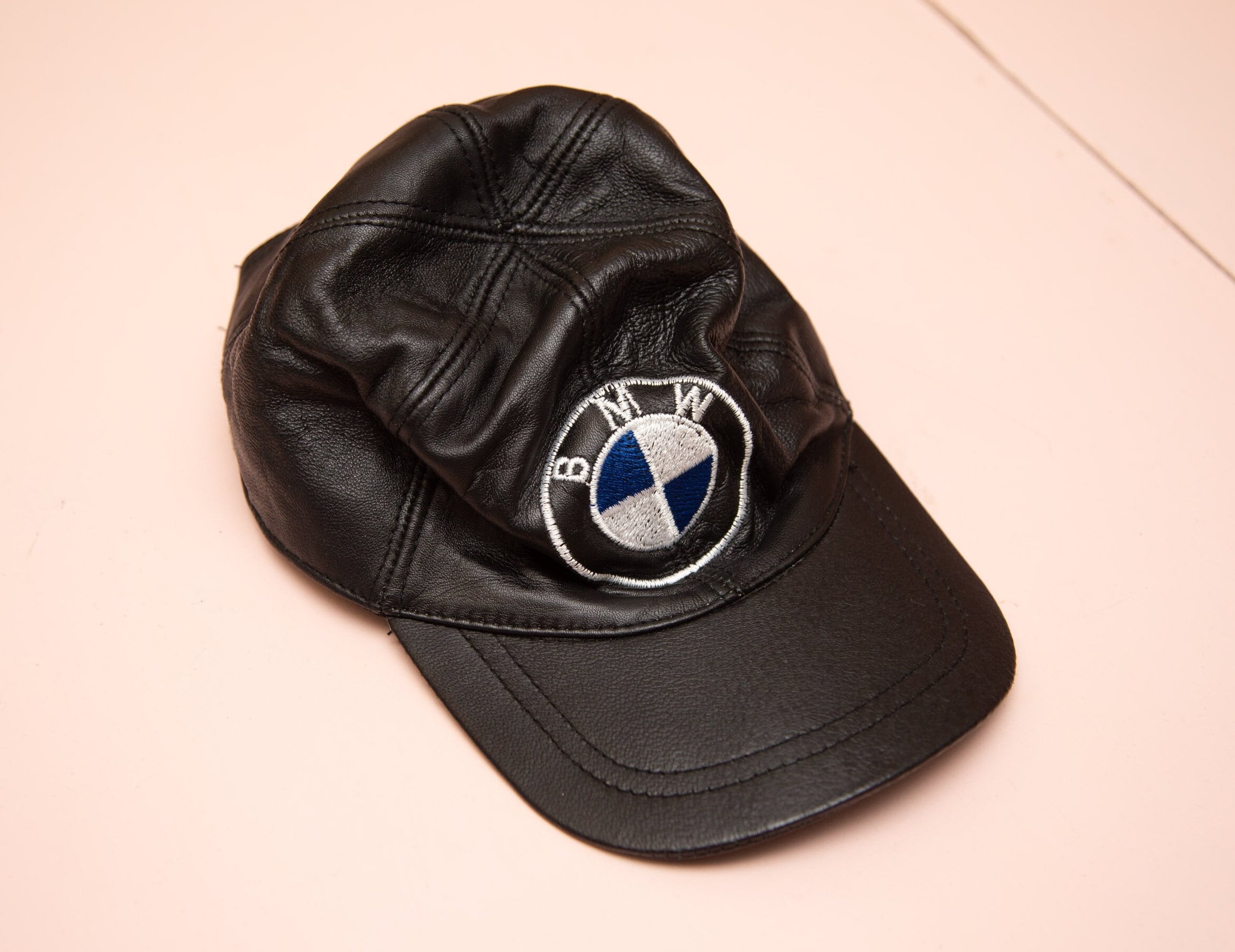 Vtg 80's 90's BMW black leather cap, hook and loop closure on the back, sz  adult osfa