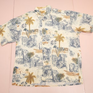 Vtg PIERRE CARDIN blue with palm trees graphics Hawaiian shirt, 100% cotton, Made in Korea, sz men&#39;s Large