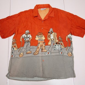 Vtg SIMONE MARCELLO viscose all-over-print orange grey rap hip hop style short sleeves button shirt, sz men&#39;s 2X-Large or X-Large