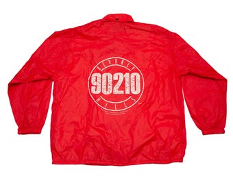 Vtg & very rare BEVERLY HILLS 90210 tv series 1991 red windbreaker jacket, made in England, Badgic by Pro Badge, sz men's X-Large