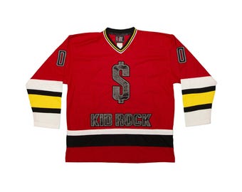 Maglia da hockey su ghiaccio rossa da rocker nu metal KID ROCK "Pimp Of The Nation" #00 vintage e rara, prodotta da Giant, taglia XL da uomo.