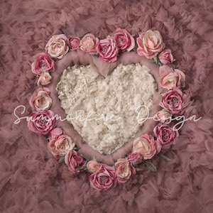 Pano de fundo digital para recém-nascidos, tigela de coração de tule, fundo digital para meninas recém-nascidas, rosas florais rosa, pastel sonhador, adereço de dia dos namorados