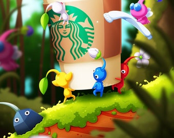 Pikmin, Nintendo, coffee, delivery, illustration, videogames, computer games, funny, nature, cute, fun