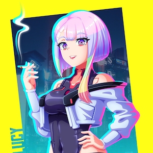 May include: A digital illustration of a woman with pink and purple hair, wearing a white jacket over a black and purple jumpsuit. She is holding a cigarette in her right hand and has a serious expression on her face. The background is a blue and purple cityscape.