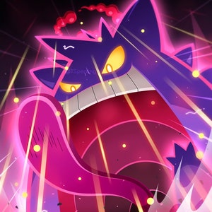 May include: A purple and pink cartoon ghost with a large mouth and a long tongue is attacking a small yellow cartoon character. The ghost is surrounded by bright pink and yellow light.