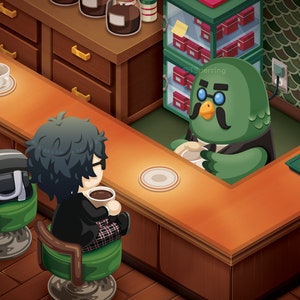Persona5, P5, Persona 5, ACNH, Animal Crossing New Horizons, Brewster, Joker, café, kat, Japan, koffie, relax, Tokio, schattig