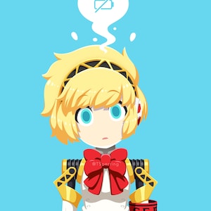 May include: A cartoon illustration of a female character with blonde hair, blue eyes, and a red bow. She is wearing a white dress with a gold and black robot-like suit. A white cloud with a battery icon and a red slash through it is above her head.