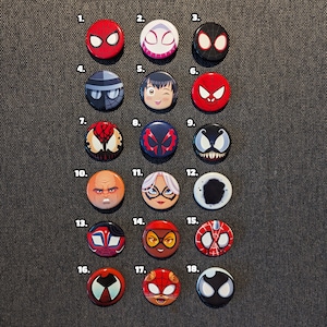 Mix and match badges - Spider-Verse, badge, badges, Spider-Man, SpiderMan, Spider-Gwen, Gwen, Miles Morales, Noir, Spider-Ham, Peni Parker,
