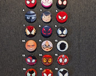Mix and match badges - Spider-Verse, badge, badges, Spider-Man, SpiderMan, Spider-Gwen, Gwen, Miles Morales, Noir, Spider-Ham, Peni Parker,