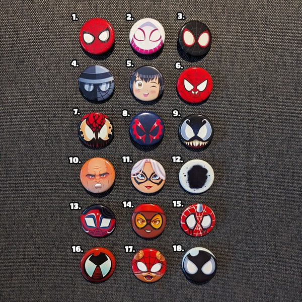 Mix and match badges - Spider-Verse, badge, badges, Spider-Man, SpiderMan, Spider-Gwen, Gwen, Miles Morales, Noir, Spider-Ham, Peni Parker,