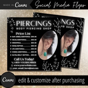 Modelo de panfleto de piercing corporal - Modelos de panfletos de piercing de orelha de arte corporal - Postagem do Instagram da loja de piercings faciais - Panfletos de salão de piercings de nariz