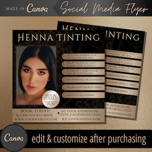 Henna wenkbrauw verven bewerkbare flyersjabloon - hennatattoo wenkbrauwen verven flyers - getinte wenkbrauwen technicus post-mehndi wenkbrauwtatoeages flyers