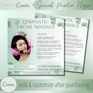 Può includere: Un volantino verde e bianco con il testo "Lymphatic Facial Massage" in grandi caratteri grassetto. Il volantino elenca i benefici del massaggio linfatico facciale, tra cui la riduzione del gonfiore, l'eliminazione delle tossine e l'aumento della circolazione sanguigna. Il volantino include anche un numero di telefono e un indirizzo email per prenotare un appuntamento.