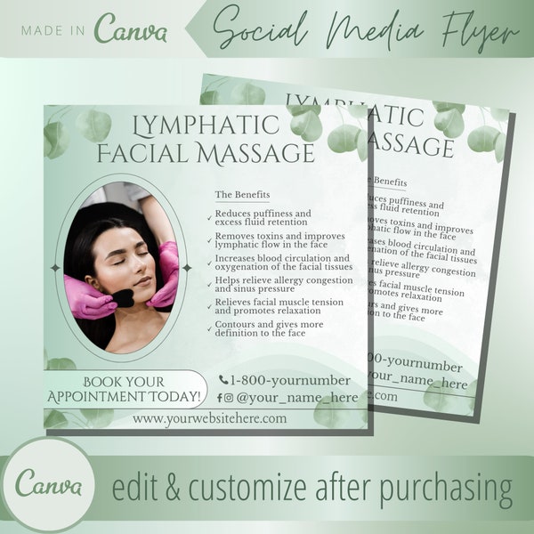 Lymphatic Facial Massage Editable Flyer Template - Lymphatic Drainage Gua Sha Massages Facials IG Flyers - Guasha Lymph Jade Stone Scraping