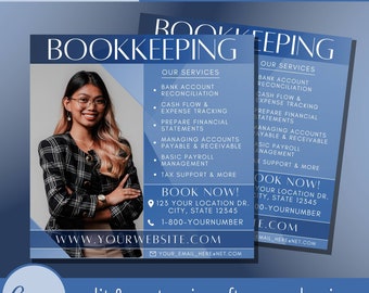 Op de afbeelding: Een blauwe en witte social media flyer voor een boekhouddienst. De flyer toont een vrouw in een geruit overhemd en een bril, een lijst met diensten en een call-to-action om nu te boeken. De tekst op de flyer bevat "Boekhouding", "Onze diensten", "Bankrekeningafstemming", "Cashflow & uitgaven bijhouden", "Financiële overzichten opstellen", "Beheer van vorderingen en schulden", "Basis loonadministratie", "Belastingondersteuning & meer", "Boek nu!" en "www.yourwebsite.com".