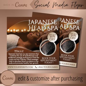 Modèle de Flyer de traitement Head Spa - Modèles japonais de Flyers de massothérapeute du cuir chevelu HeadSpa - Post de soins d'hydrothérapie pour les massages de la tête