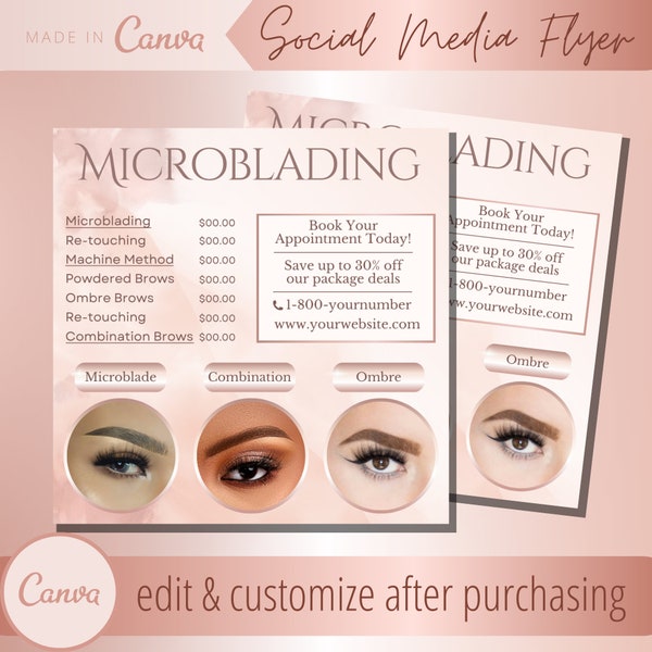 Microblade Eyebrows Flyer - Microblading Ombré Brows Template- Esthetician Price List Template - Embroidery Powdered Brow Appointment Flyers