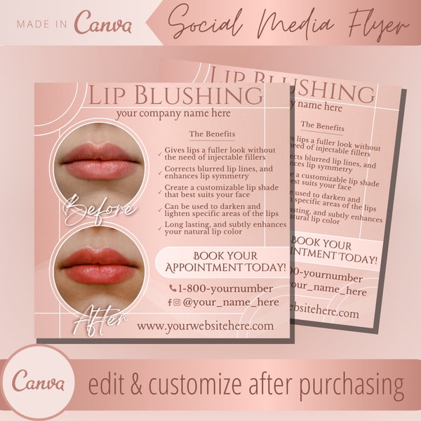 Lip Blushing Flyer Template - Lips Blush Flyers Templates - Lip Tinting Tattoo Eflyer- Lip Shading Tint Tattooing Flyers - Lip Color Tattoos