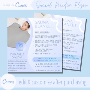 May include: A blue and white social media flyer advertises a sauna blanket. The flyer features a woman using the blanket and lists the benefits of using it, including detoxification, pain relief, and weight loss. The flyer also includes a call to action to book a free consultation.