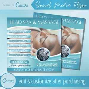 May include: A blue and white social media flyer advertising a head spa and massage service. The flyer features a woman receiving a head massage and includes the text "HEAD SPA & MASSAGE", "BOOK NOW", "1-800-yournumber", "WWW.YOURWEBSITE.COM", and "333 your location dr. City, California 33333".