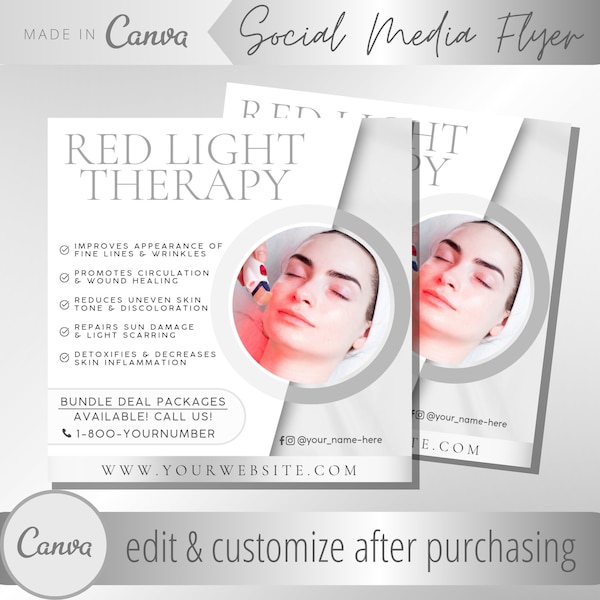 Red Light Therapy Flyer - RLT Phototherapy Facial Treatment Flyers - LED Near-Infrared Light Facials Treatments - Spa Appointment Template