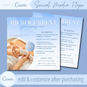 May include: A blue and white flyer advertising microcurrent facials. The flyer features a woman receiving a facial treatment and lists the benefits of microcurrent facials, including improved collagen production, reduced fine lines and wrinkles, and toned face muscles. The flyer also includes a call to action to book now.