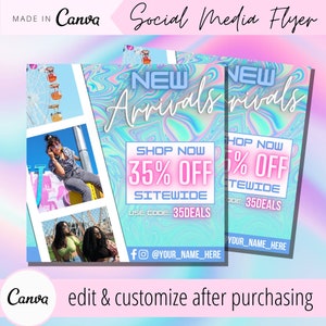 Könnte beinhalten: Ein Social-Media-Flyer mit holografischem Hintergrund und rosa Text, der "Neue Artikel" und "Jetzt kaufen 35% Rabatt auf alles" mit dem Code "35DEALS" lautet.