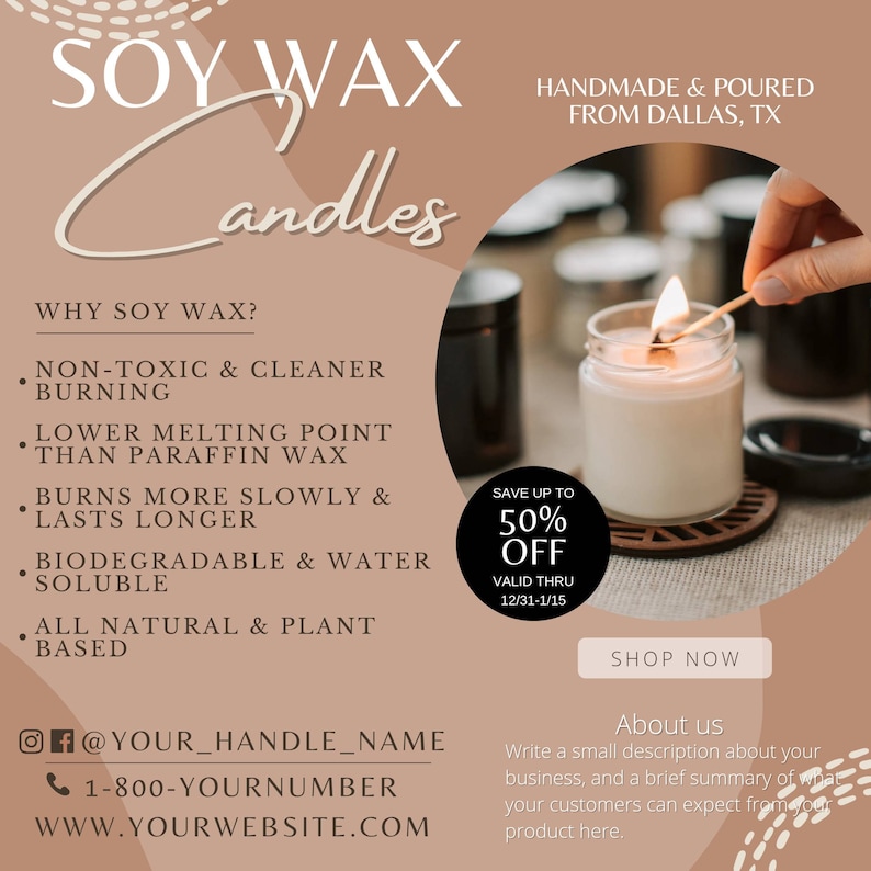 Soy Wax Candles Flyer Template Editable Instagram Handmade Etsy UK
