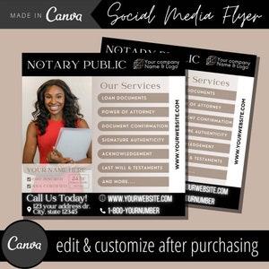 May include: A social media flyer for a notary public service. The flyer features a smiling woman in a red top, a list of services offered, and contact information. The text on the flyer reads "Notary Public", "Our Services", "Loan Documents", "Power of Attorney", "Document Confirmation", "Signature Authenticity", "Acknowledgement", "Last Will & Testaments", "And More...", "WWW.YOURWEBSITE.COM", "1-800-YOURNUMBER", "Call Us Today!" and "123 your address dr. City, state 12345".