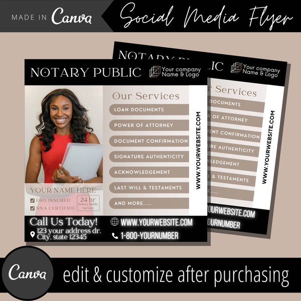 Notary Public Service Flyer Template - Editable Loan Signing Agent Flyers Templates - LSA Mobile Notaries Services - Document Signing Agents