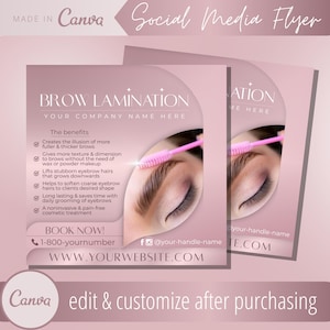 Puede incluir: Un folleto rosa para redes sociales que anuncia servicios de laminación de cejas. El folleto incluye texto como "BROW LAMINATION" y "BOOK NOW!" junto con un número de teléfono y un sitio web. También se incluye una imagen de una ceja cepillada.