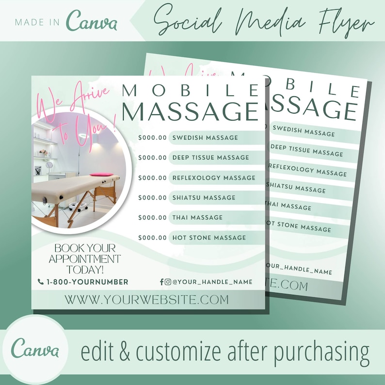 May include: A green and white social media flyer for a mobile massage service. The flyer features a photo of a massage table and text that reads "Mobile Massage" and lists different types of massage services offered, including Swedish, Deep Tissue, Reflexology, Shiatsu, Thai, and Hot Stone Massage. The flyer also includes a phone number and website address.