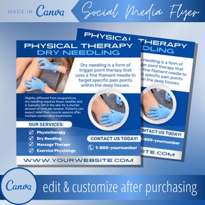 May include: A blue and white flyer for physical therapy services. The flyer features a photo of a person receiving dry needling treatment. The text on the flyer reads "Physical Therapy Dry Needling" and includes a description of the service, a list of services offered, and contact information. The flyer also includes the text "Contact Us Today!" and a phone number.