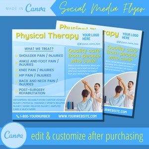 May include: A blue and white flyer for a physical therapy practice. The flyer features a photo of a physical therapist working with a patient. The text on the flyer reads "Physical Therapy", "Quality care from people who care!" and "What We Treat?" with a list of conditions treated. The flyer also includes the business's website and phone number.