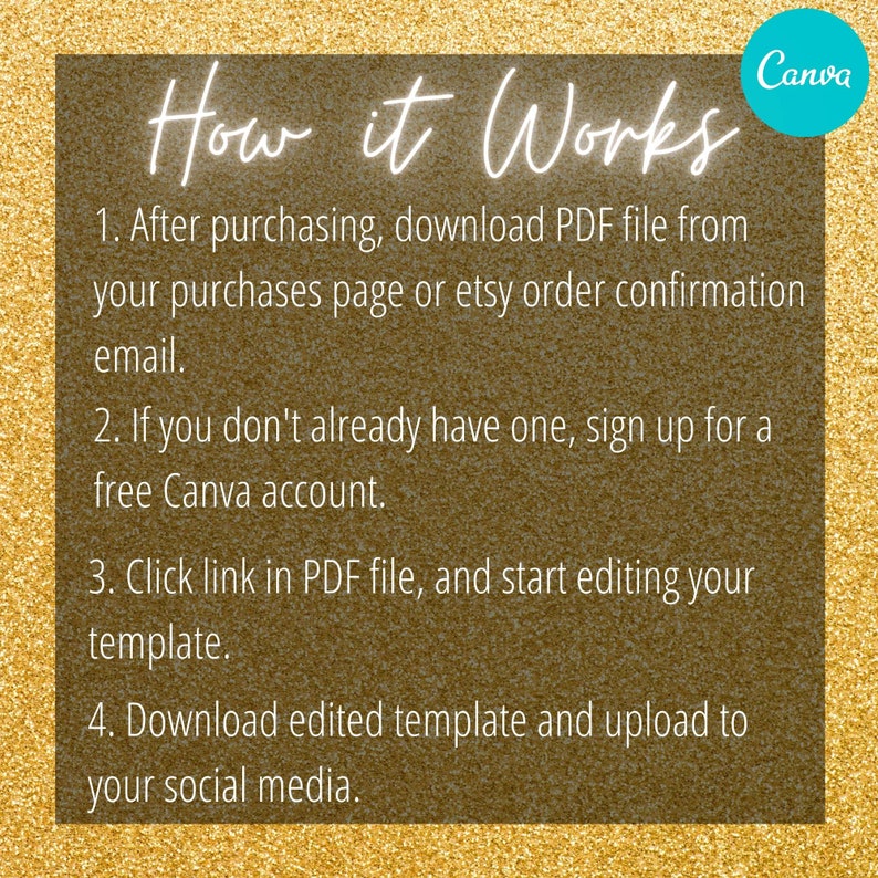May include: A gold background with a white box containing instructions on how to use a Canva template. The text reads "How it Works" and includes four steps: 1. After purchasing, download PDF file from your purchases page or etsy order confirmation email. 2. If you don't already have one, sign up for a free Canva account. 3. Click link in PDF file, and start editing your template. 4. Download edited template and upload to your social media.