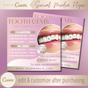Tand edelstenen flyer sjabloon-18k gouden tand charmes Instagram post-tanden charme juwelen flyers-tandheelkundige Swarovski Crystal Gem flyer sjablonen