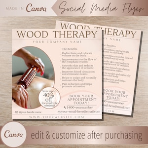 Wood Therapy Editable Flyer - Folhetos de modelos de contorno corporal completo - Eflyers de tratamento de terapia Madero - Modelos de escultura de Maderotherapy